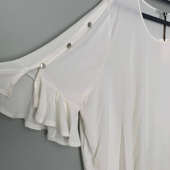 NEW Green Envelope white ruffle button sleeve detail stretchy pullover flowy top - Picture 5 of 10